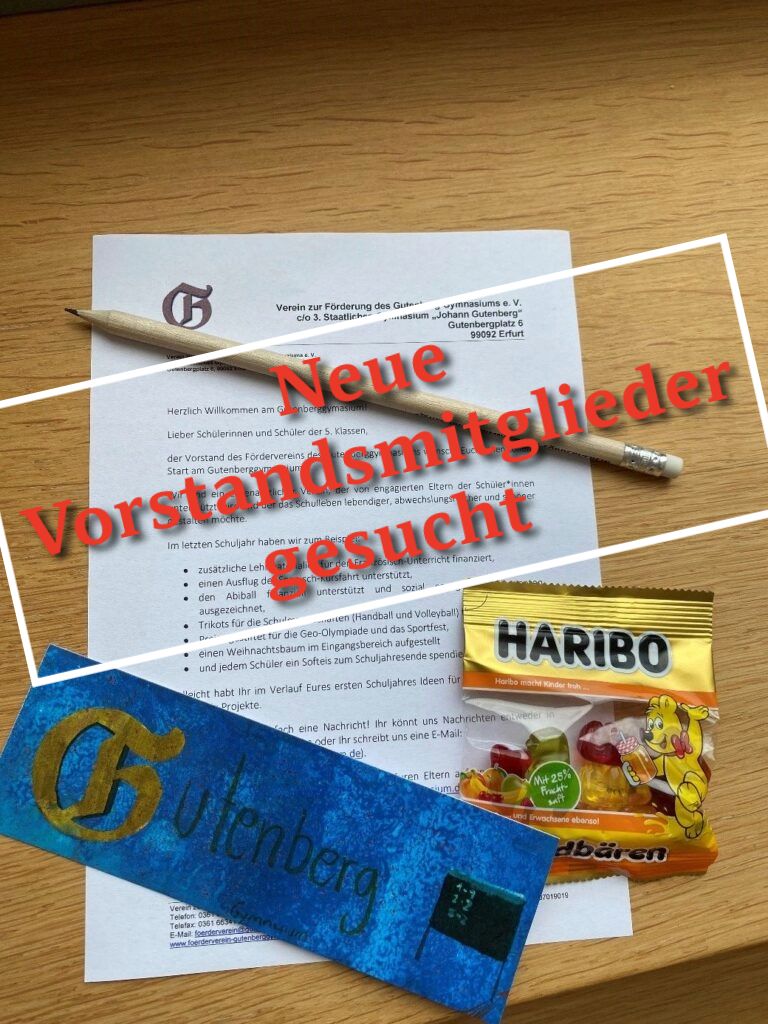Seit seiner Gründung unterstützt der Förderverein des Gutenberg-Gymnasiums die Bildungsarbeit an unserer Schule auf sehr vielfältige Weise. Für die Mitgliederversammlung des Fördervereins, die 2027 geplant ist, werden neue Vorstandsmitglieder gesucht.